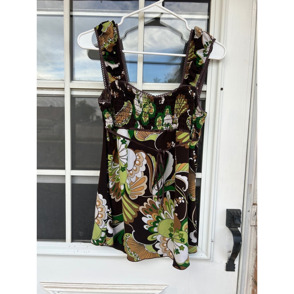 Y2k Brown Green Floral Psychedelic Smocked Babydoll Square Neck Top Retro Boho - Picture 10 of 10